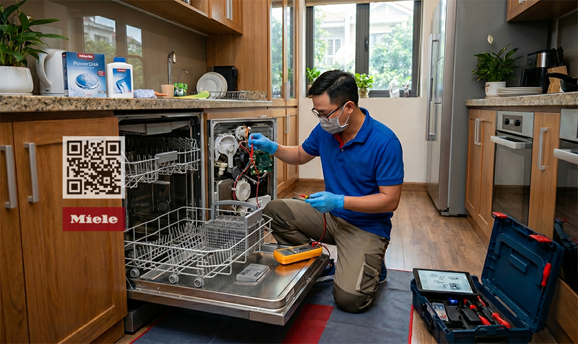 Kỹ thuật viên sửa máy rửa bát của Trạm bảo hành Miele Care VN