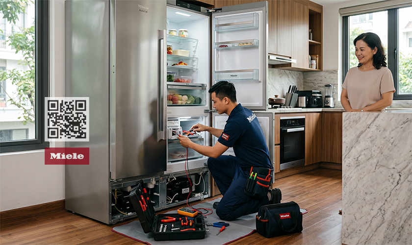 Kỹ thuật viên của Trạm bảo hành Miele Care VN sửa tủ lạnh tại nhà khách hàng