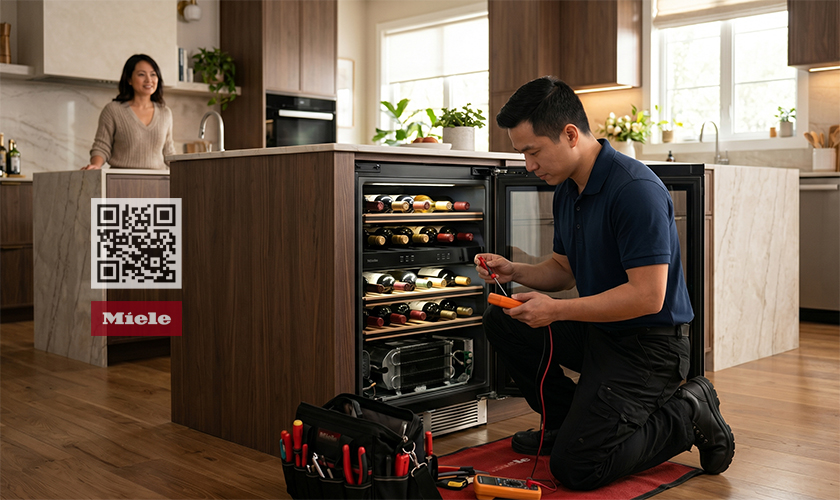 Kỹ thuật viên của Miele Care Vn tiếp nhận sửa tủ rượu tại nhà khách hàng