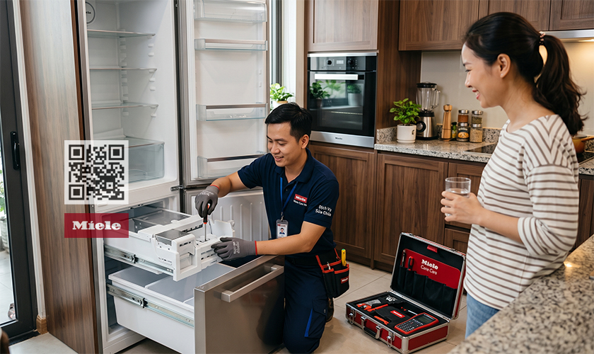 Kỹ thuật viên của Miele Care VN sửa lỗi không làm đá ở tủ lạnh Miele tại nhà khách hàng
