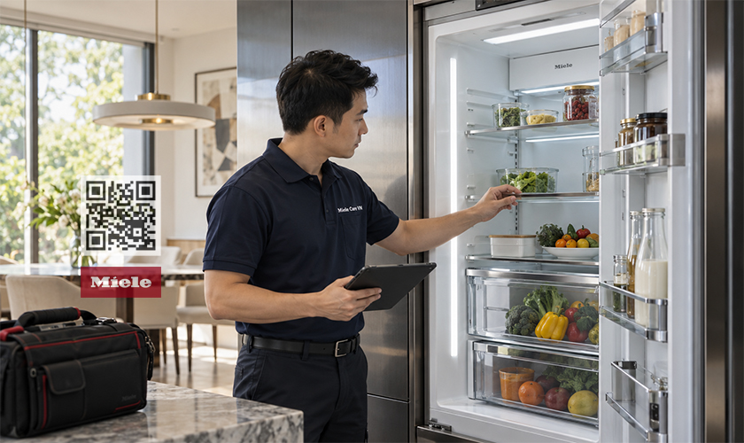 Tủ lạnh Miele không lạnh: 6+ Nguyên nhân & Cách khắc phục 9 Minh hoạ kỹ thuật viên Miele Care VN kiểm tra tủ lạnh tại nhà.