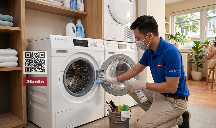 Kỹ thuật viên Miele Care VN bảo dưỡng máy giặt tại nhà khách hàng