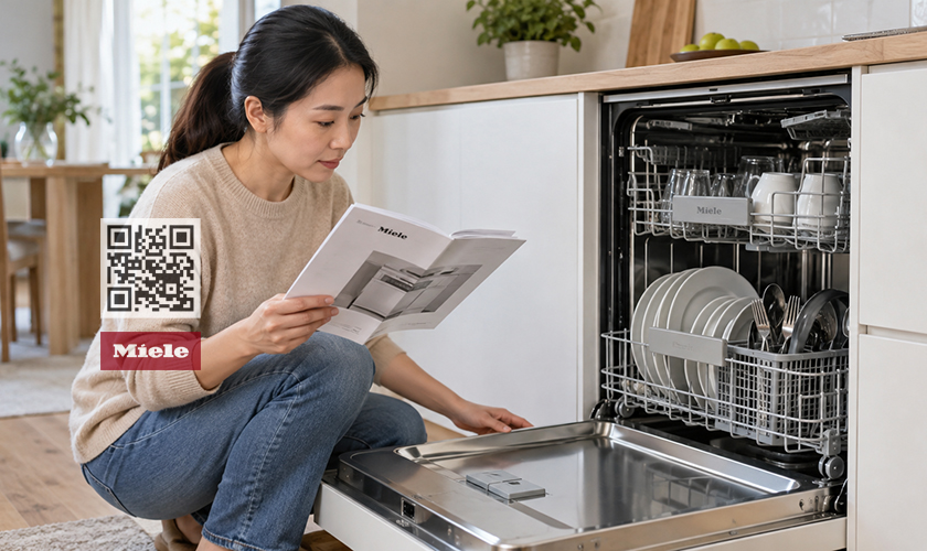 Người dùng đối chiếu hướng dẫn sử dụng và kiểm tra khu vực cửa máy