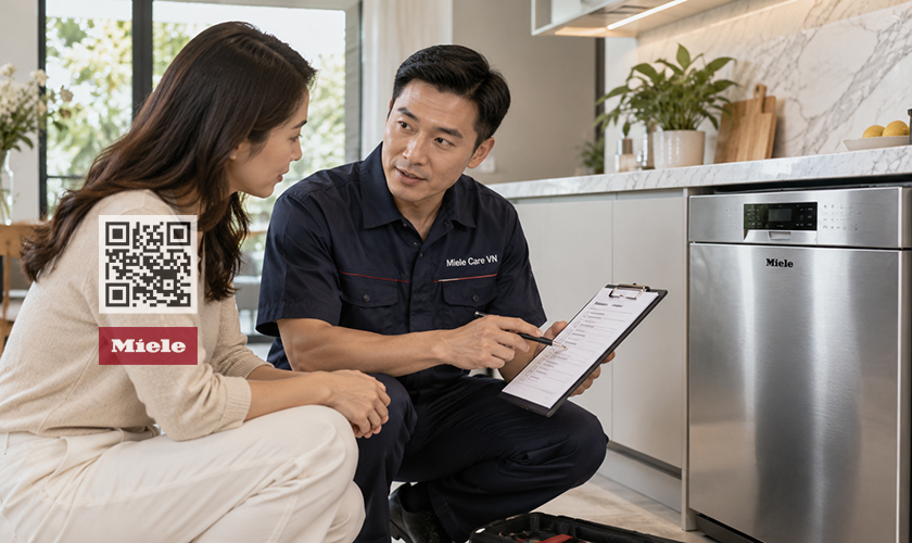 Kỹ thuật viên Miele Care VN trao đổi với khách hàng về phương án kiểm tra