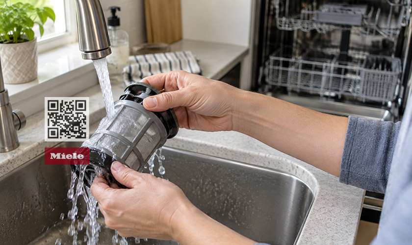 Vệ sinh bộ lọc máy rửa bát trước khi kiểm tra lại hoạt động