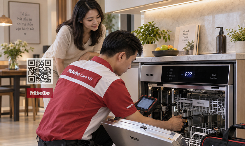 Kỹ thuật viên Miele Care VN áp dụng quy trình sửa lỗi F32 chuyên nghiệp tại nhà khách hàng