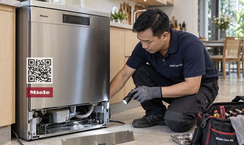 Kỹ thuật viên Miele Care VN xử lý lỗi F70 máy rửa bát Miele tại nhà khách hàng